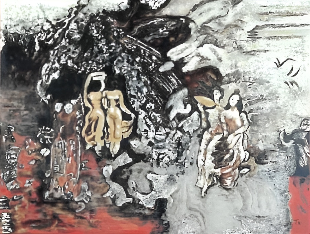 Nguyễn Gia Trí, Thiếu nữ bên ghềnh suối, sơn mài, 66 × 87,6 cm, sưu tập Hà Quốc Thái.
Nguyen Gia Tri, Young Women by the Stream, lacquer painting, 66 × 87,6 cm, Ha Quoc Thai Collection.