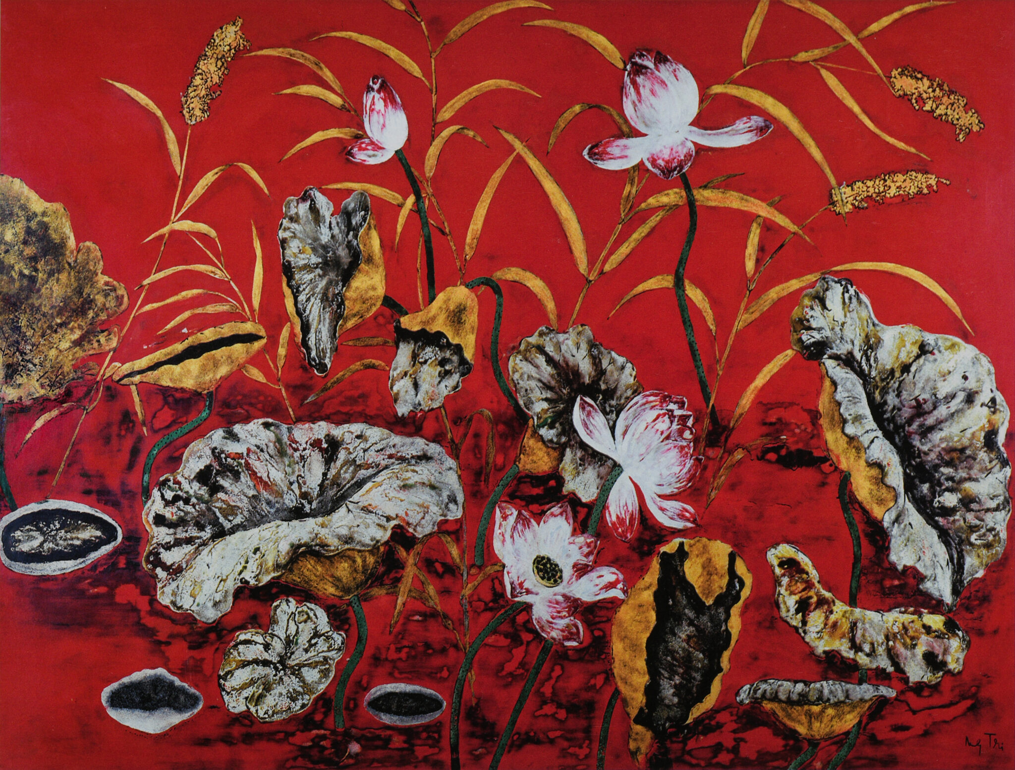 Nguyễn Gia Trí, Sen cuối hạ, sơn mài, 79 × 120 cm, sưu tập Hà Quốc Thái.
Nguyễn Gia Trí, Lotus at Summer’s End, lacquer painting, 79 × 120 cm, Hà Quốc Thái Collection
