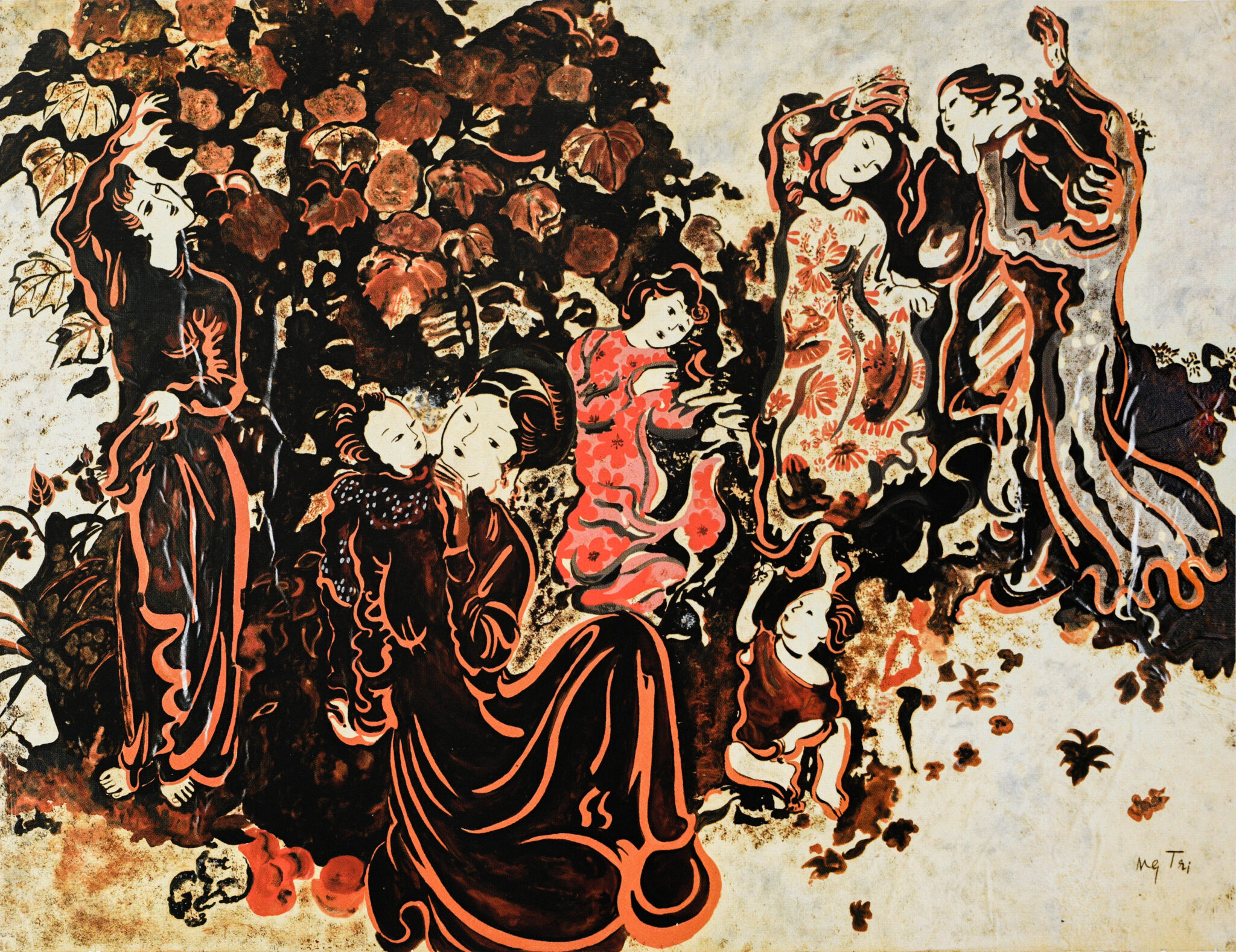 Nguyễn Gia Trí, Thiếu nữ bên hoa phù dung (tác phẩm mẫu), 1944, sơn mài trên giấy,
71 × 102 cm, sưu tập Hà Quốc Thái.
Nguyễn Gia Trí, Young Woman beside Hibiscus (study artwork), 1944, lacquer on
paper, 71 × 102 cm, Hà Quốc Thái Collection.