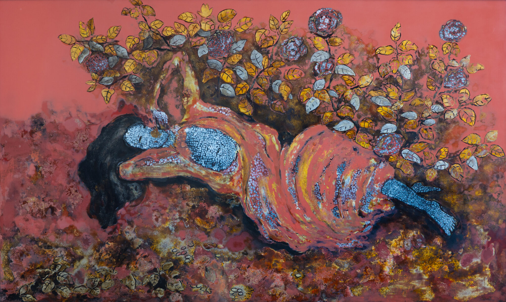 Nguyễn Gia Trí, Thiếu nữ bên hoa hồng, sơn mài, 46 × 74 cm, sưu tập Hà Quốc Thái.
Nguyễn Gia Trí, Young Woman with Roses, lacquer painting, 46 × 74 cm, Hà Quốc Thái Collection.
