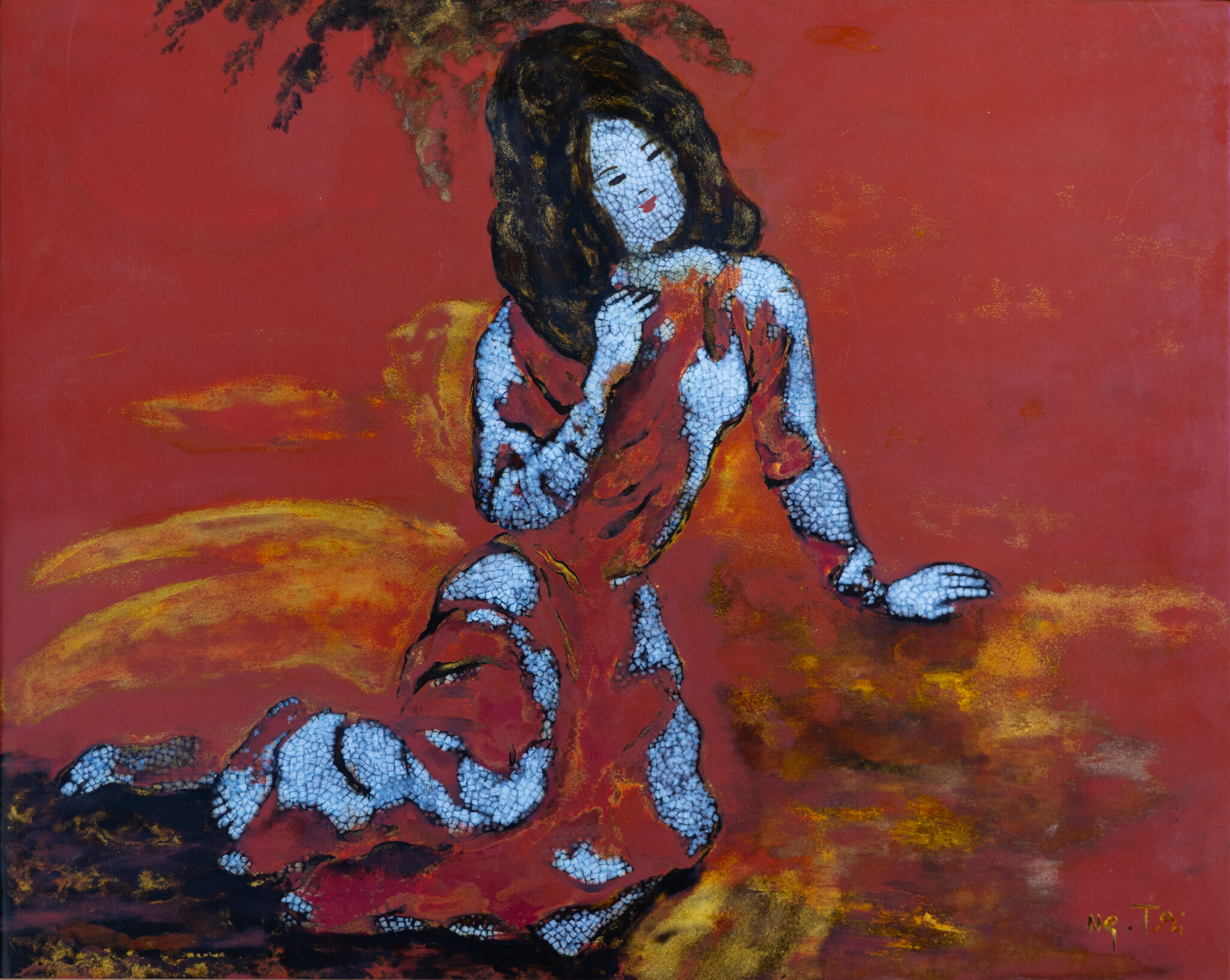 Nguyễn Gia Trí, Thiếu nữ trong sắc son, sơn mài, 36.8 × 44.5 cm, sưu tập Hà Quốc Thái.
Nguyen Gia Tri, Young Woman in Vermilion, lacquer, 36.8 × 44.5 cm. Collection of Ha Quoc Thai.