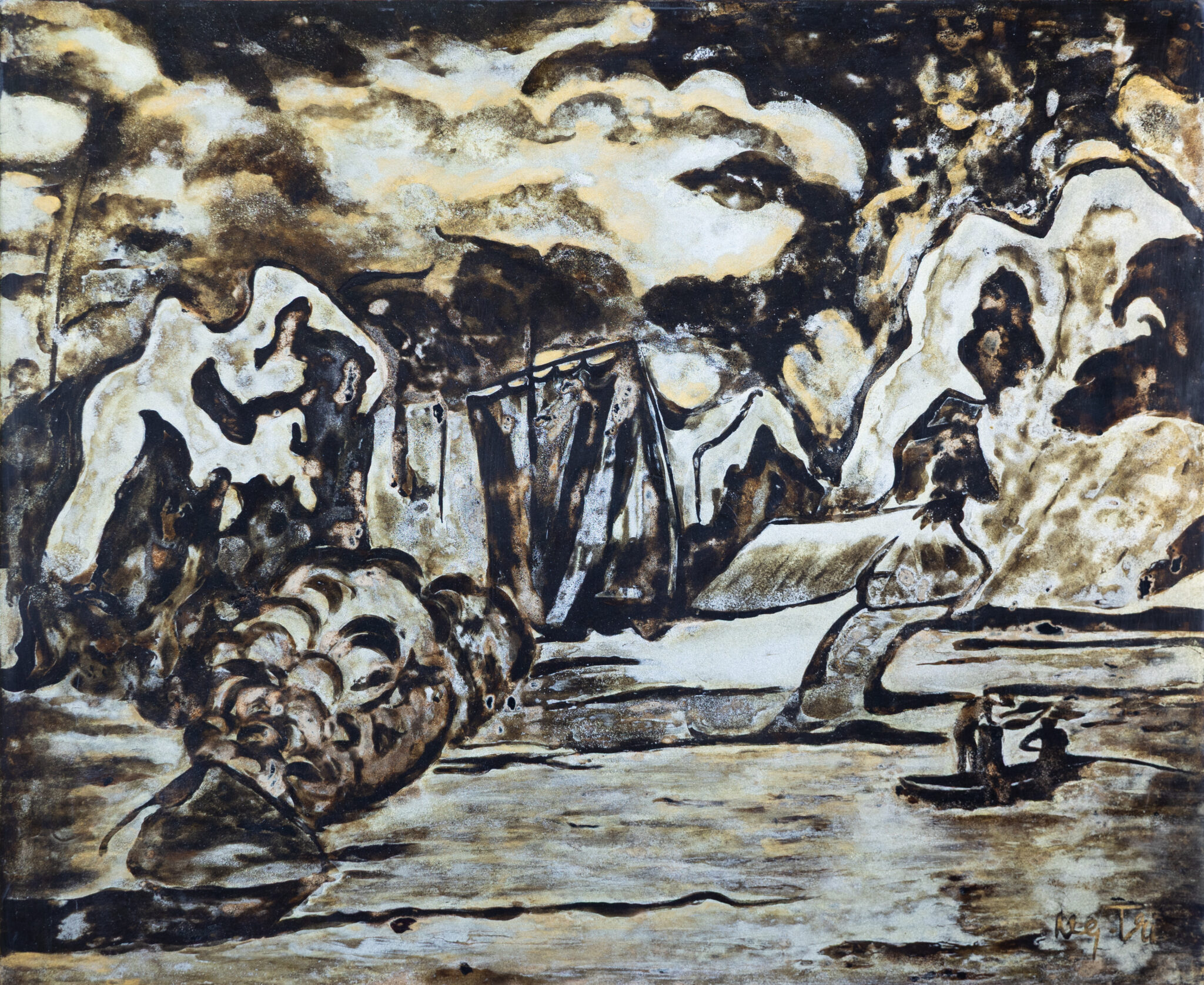 Nguyễn Gia Trí, Ra khơi III, sơn mài, 36.8 × 44.5 cm, sưu tập Hà Quốc Thái.
Nguyen Gia Tri, Setting Sail III, lacquer, 36.8 × 44.5 cm. Collection of Ha Quoc Thai.