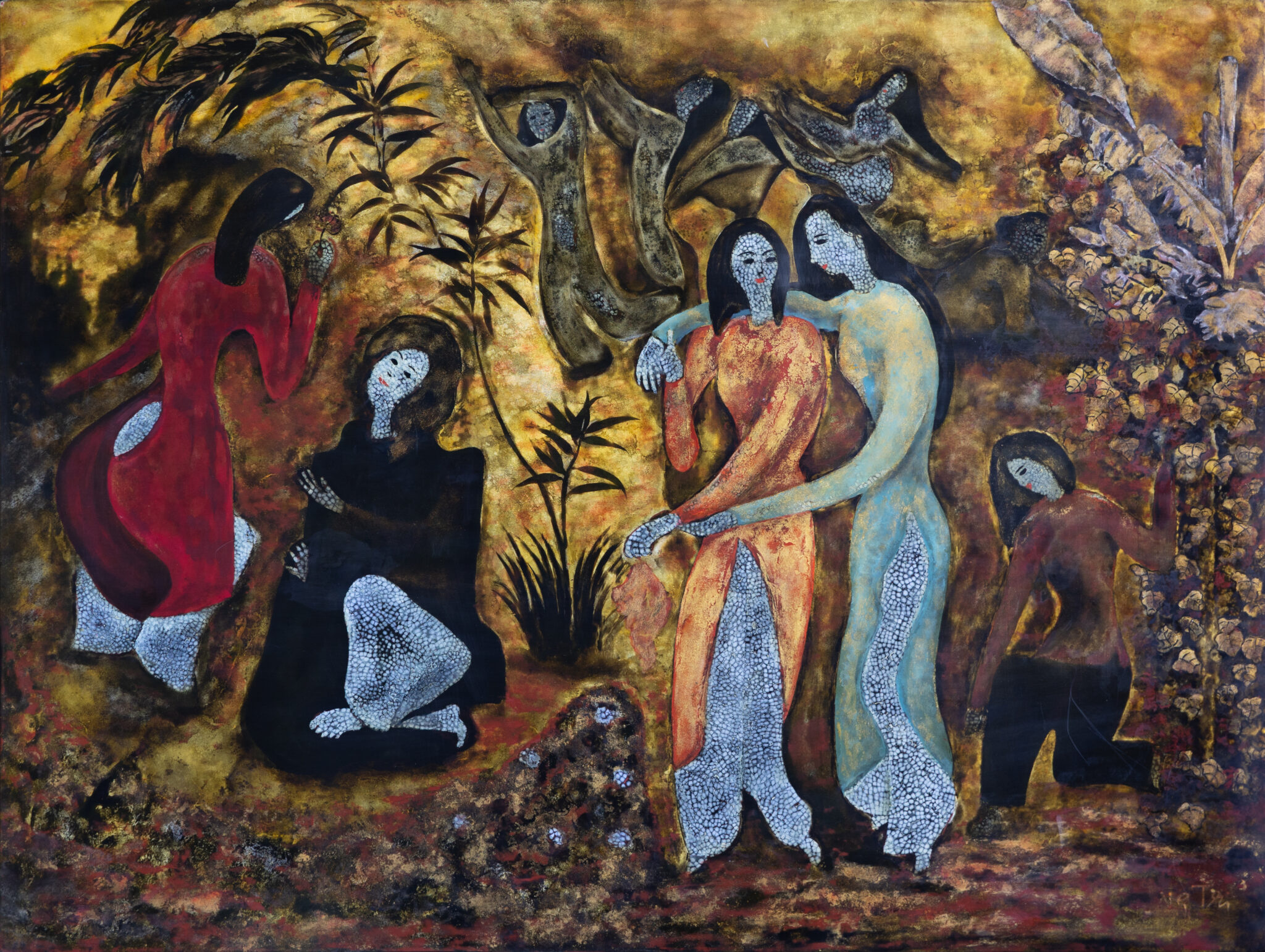Nguyễn Gia Trí, Thiếu nữ trong vườn xuân, sơn mài, 61 × 84 cm, sưu tập Hà Quốc Thái.
Nguyễn Gia Trí, Young Women in the Spring Garden, lacquer painting, 61 × 84 cm, Hà Quốc Thái Collection