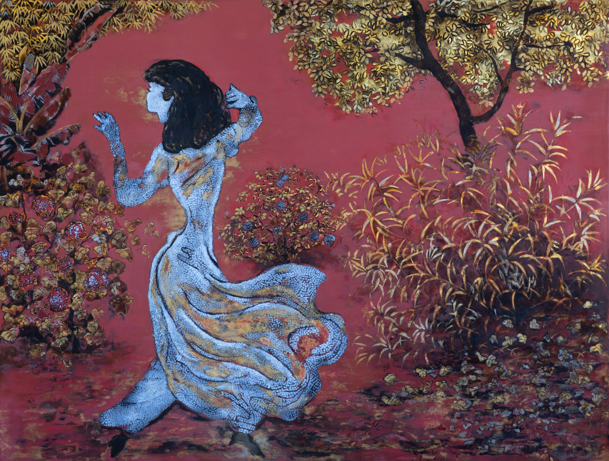 Nguyễn Gia Trí, Thiếu nữ trong gió xuân, sơn mài, 66 × 89 cm, sưu tập Hà Quốc Thái.
Nguyễn Gia Trí, Young Woman in the Spring Breeze, lacquer painting, 66 × 89 cm, Hà Quốc Thái Collection.