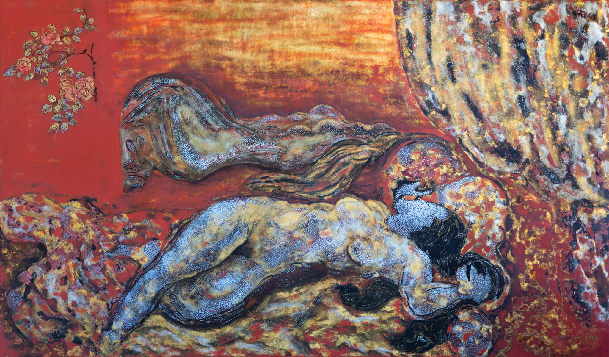 Nguyễn Gia Trí, Giấc mộng son, sơn mài, 71 × 122 cm, sưu tập Hà Quốc Thái.
Nguyễn Gia Trí, Crimson Dream, lacquer painting, 71 × 122 cm, Hà Quốc Thái Collection