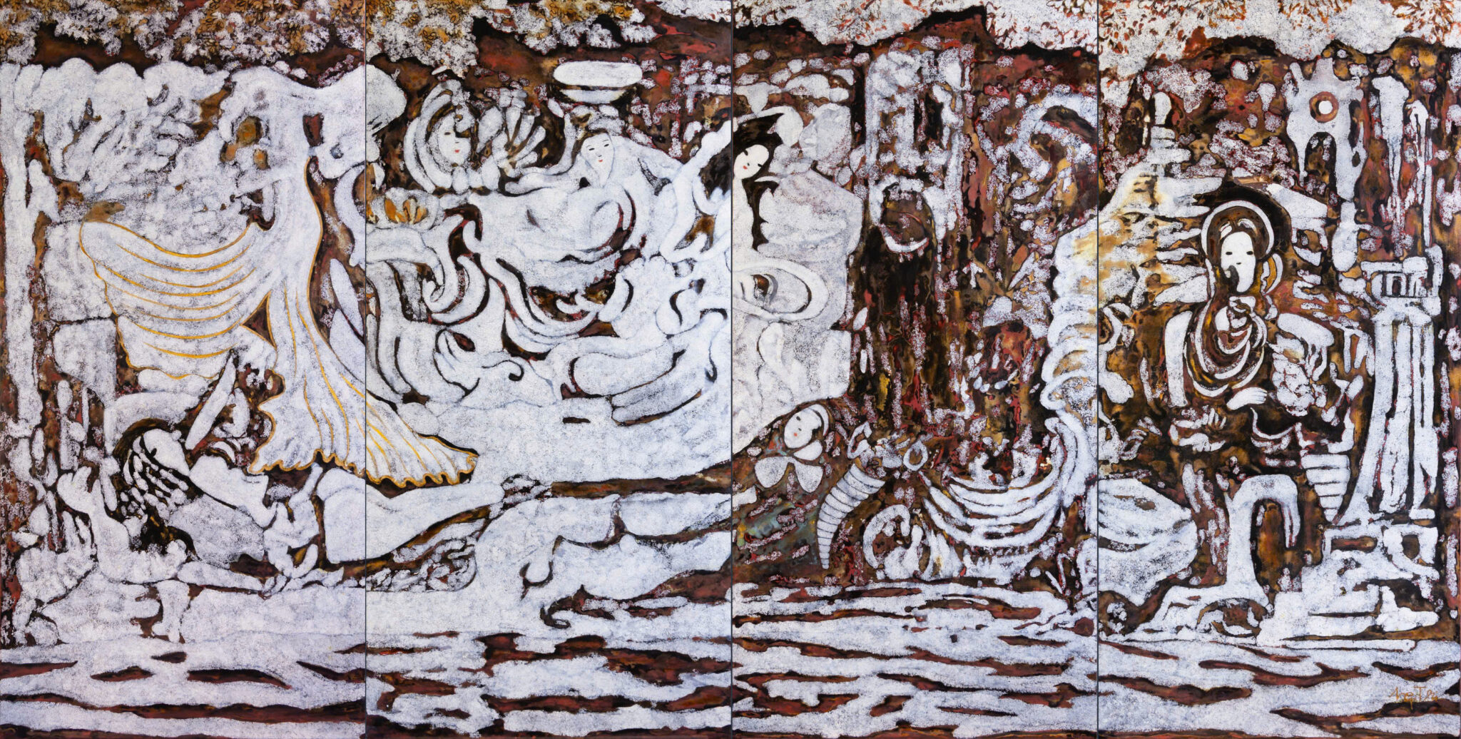 Nguyễn Gia Trí, Vũ khúc thiên thai, sơn mài, 240 × 122 cm, sưu tập Hà Quốc Thái.
Nguyễn Gia Trí, Celestial Dance, lacquer on panel, 240 × 122 cm, Hà Quốc Thái Collection
